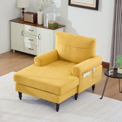 Fauteuil d'Appoint Moderne avec Accoudoirs Rembourrés et Poche Latérale, pour Salon ou Bureau, Pieds Bois Naturel, Jaune