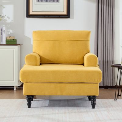 Fauteuil d'Appoint Moderne avec Accoudoirs Rembourrés et Poche Latérale, pour Salon ou Bureau, Pieds Bois Naturel, Jaune