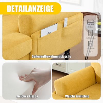 Fauteuil d'Appoint Moderne avec Accoudoirs Rembourrés et Poche Latérale, pour Salon ou Bureau, Pieds Bois Naturel, Jaune