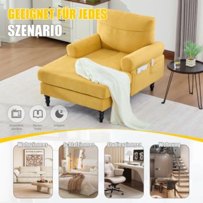 Fauteuil d'Appoint Moderne avec Accoudoirs Rembourrés et Poche Latérale, pour Salon ou Bureau, Pieds Bois Naturel, Jaune