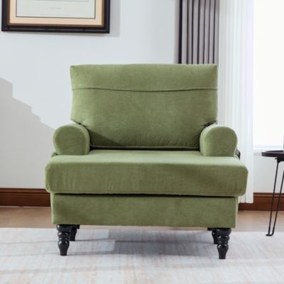 Fauteuil d'Appoint Moderne avec Accoudoirs Rembourrés et Poche Latérale, pour Salon ou Bureau, Pieds Bois Naturel, Vert Olive