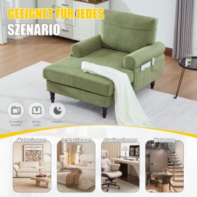 Fauteuil d'Appoint Moderne avec Accoudoirs Rembourrés et Poche Latérale, pour Salon ou Bureau, Pieds Bois Naturel, Vert Olive