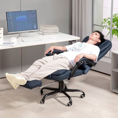 Fauteuil de Bureau Ergonomique avec Massage Vibrant, Repose-Pieds Réglable - PU Bleu, 67x67x121 cm
