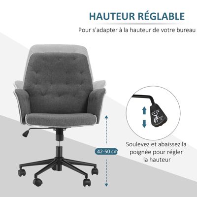 Fauteuil de bureau hauteur réglable roulettes pivotant tissu chanvre gris chiné