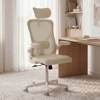 Fauteuil de bureau JAMES ergonomique en toile respirante et appui-tête avec roulettes beige et blanc