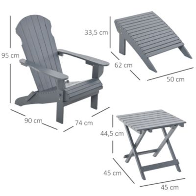 Fauteuil de jardin Adirondack pliable avec repose-pied et table basse bois sapin traité gris