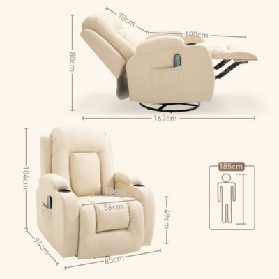 Fauteuil de massage et relaxation électrique chauffant inclinable manuellement repose-pied télécommande crème