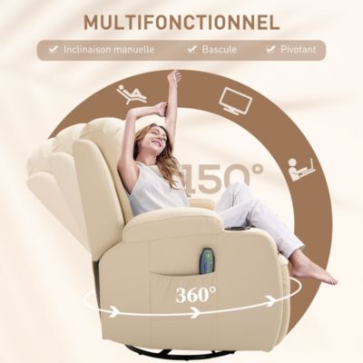 Fauteuil de massage et relaxation électrique chauffant inclinable manuellement repose-pied télécommande crème