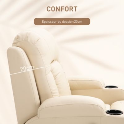 Fauteuil de massage et relaxation électrique chauffant inclinable manuellement repose-pied télécommande crème