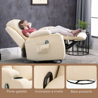 Fauteuil de massage et relaxation électrique chauffant inclinable manuellement repose-pied télécommande crème