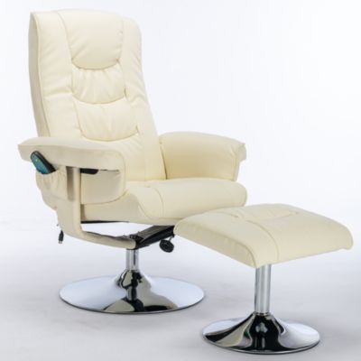 Fauteuil de massage PU avec repose-pieds, 5 points, base en bois courbé, beige