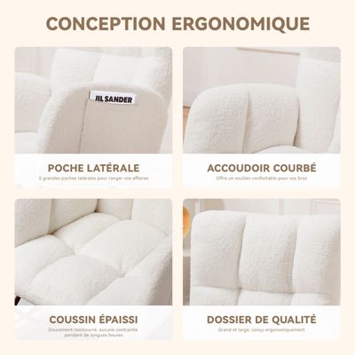 Fauteuil de relaxation avec accoudoirs, fauteuil club en peluche teddy, fauteuil à bascule, charge maximale 150 kg