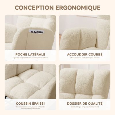 Fauteuil de relaxation avec accoudoirs repose-pieds, fauteuil club en peluche teddy, fauteuil à bascule, charge maximale 150 kg