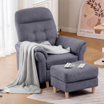 Fauteuil de Relaxation avec Tabouret, Dossier 4 Niveaux Réglable, Poche latérale, Fauteuils Rembourré Sac à Ressorts Simple