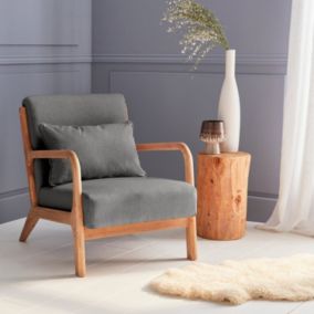 Fauteuil design en bois et tissu. 1 place droit fixe. pieds compas scandinave. structure en bois solide. assise confortable. gris