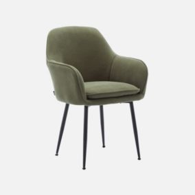 Fauteuil en velours côtelé kaki et pieds en métal noir mat. L 57 x P 59 x H 84.5