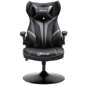 Fauteuil gaming base ronde métal pivotante hauteur réglable têtière accoudoirs relevables PVC gris noir