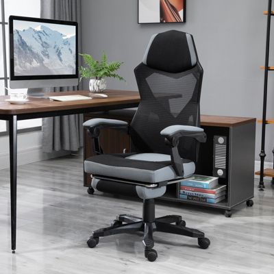 Chaise De Bureau Ergonomique En Maille - Haut Dossier, Appui-tête Réglable, Accoudoirs Relevables - Gris Foncé