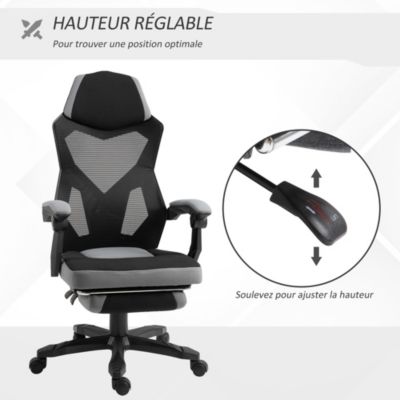 Fauteuil gaming chaise gamer dossier et hauteur réglable roulettes pivotantes repose-pied tissu maille gris noir