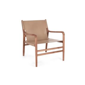 Fauteuil lounge à accoudoirs en bois teck et cuir pleine fleur - LIAM