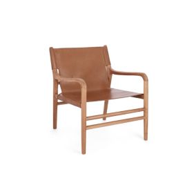 Fauteuil lounge à accoudoirs en bois teck et cuir pleine fleur - LIAM