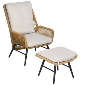 Fauteuil lounge de jardin inclinable avec repose-pied coussins inclus résine tressée aspect rotin