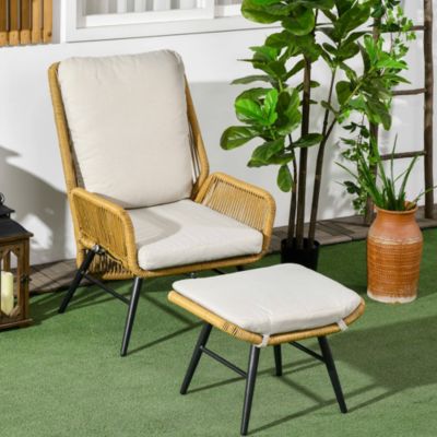 Fauteuil lounge de jardin inclinable avec repose-pied coussins inclus résine tressée aspect rotin