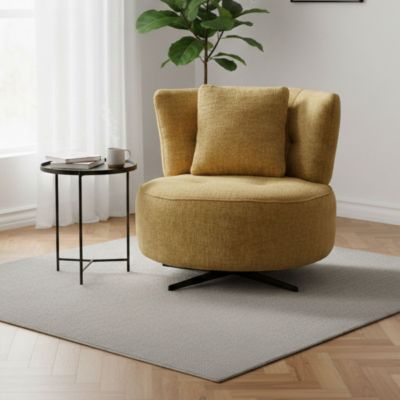 Fauteuil lounge pivotant en tissu chenillé jaune moutarde piètement métal noir avec coussin dorsal - MIRAGE