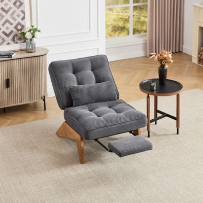 Fauteuil lounge réglable sans dossier, avec repose-pieds, coussin lombaire et pieds en bois