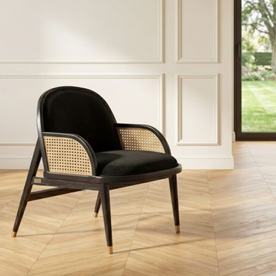 Fauteuil MARCEL  Style scandinave en bois massif, rotin et velours noir, 1 place
