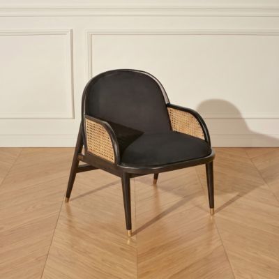 Fauteuil MARCEL  Style scandinave en bois massif, rotin et velours noir, 1 place
