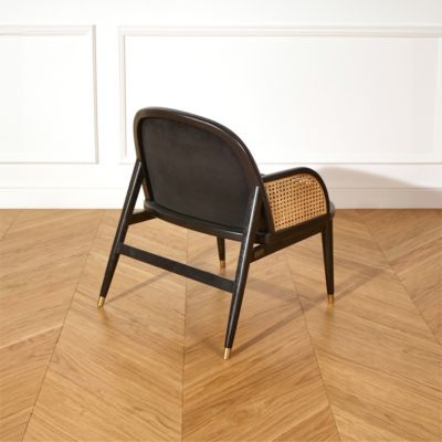 Fauteuil MARCEL  Style scandinave en bois massif, rotin et velours noir, 1 place