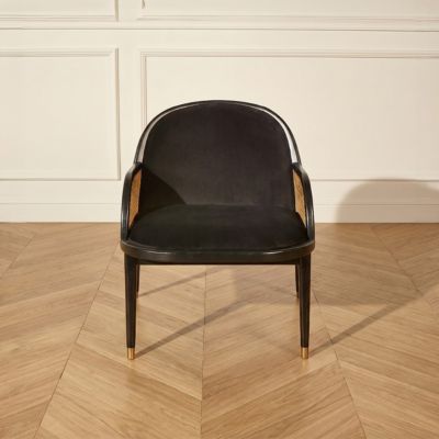 Fauteuil MARCEL  Style scandinave en bois massif, rotin et velours noir, 1 place