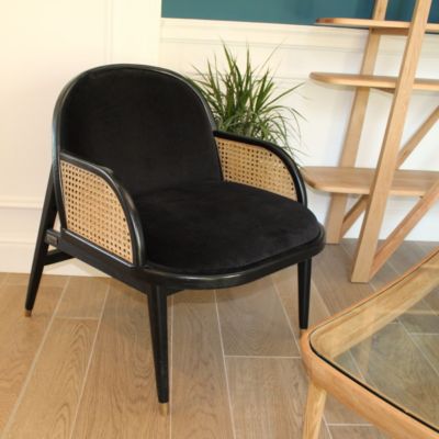 Fauteuil MARCEL  Style scandinave en bois massif, rotin et velours noir, 1 place
