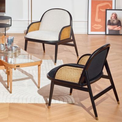 Fauteuil MARCEL  Style scandinave en bois massif, rotin et velours noir, 1 place