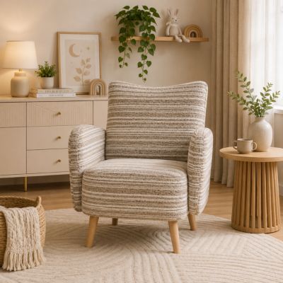 Fauteuil Moderne en Tissu Bouclé Motif Rond, Poche Latérale et Pieds en Bois Massif - Confortable pour Salon/Chambre/Bureau - Kaki