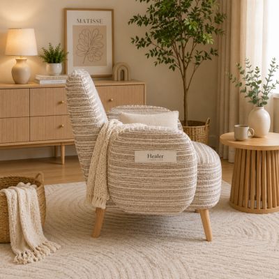 Fauteuil Moderne en Tissu Bouclé Motif Rond, Poche Latérale et Pieds en Bois Massif - Confortable pour Salon/Chambre/Bureau - Kaki