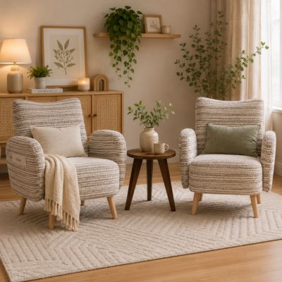 Fauteuil Moderne en Tissu Bouclé Motif Rond, Poche Latérale et Pieds en Bois Massif - Confortable pour Salon/Chambre/Bureau - Kaki