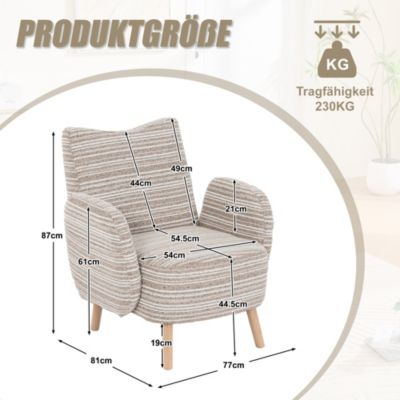 Fauteuil Moderne en Tissu Bouclé Motif Rond, Poche Latérale et Pieds en Bois Massif - Confortable pour Salon/Chambre/Bureau - Kaki