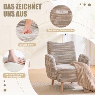 Fauteuil Moderne en Tissu Bouclé Motif Rond, Poche Latérale et Pieds en Bois Massif - Confortable pour Salon/Chambre/Bureau - Kaki