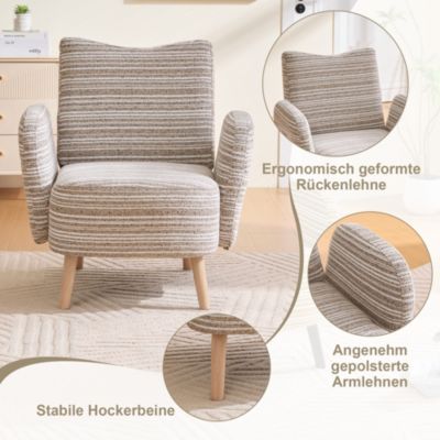Fauteuil Moderne en Tissu Bouclé Motif Rond, Poche Latérale et Pieds en Bois Massif - Confortable pour Salon/Chambre/Bureau - Kaki