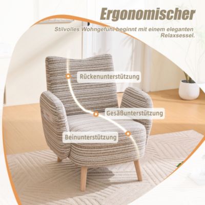 Fauteuil Moderne en Tissu Bouclé Motif Rond, Poche Latérale et Pieds en Bois Massif - Confortable pour Salon/Chambre/Bureau - Kaki