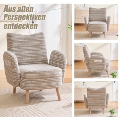 Fauteuil Moderne en Tissu Bouclé Motif Rond, Poche Latérale et Pieds en Bois Massif - Confortable pour Salon/Chambre/Bureau - Kaki