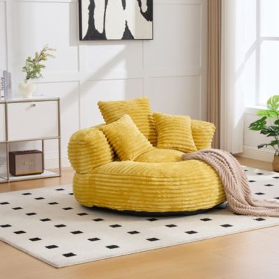 Fauteuil Pouf, Fauteuil Lounge avec Dossier Haut et 3 Coussins, Velours Côtelé et Mousse, Jaune, 108x108x52 cm