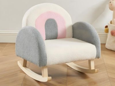 Fauteuil pour enfant à bascule en tissu bouclette crème, gris et rose ESLIDA