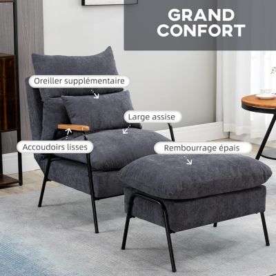 Fauteuil Relax Acier Noir et Velours Cotele Gris avec Repose Pied Dossier Inclinable et Accoudoirs