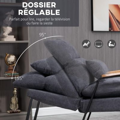 Fauteuil Relax Acier Noir et Velours Cotele Gris avec Repose Pied Dossier Inclinable et Accoudoirs