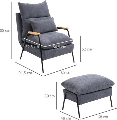 Fauteuil Relax Acier Noir et Velours Cotele Gris avec Repose Pied Dossier Inclinable et Accoudoirs
