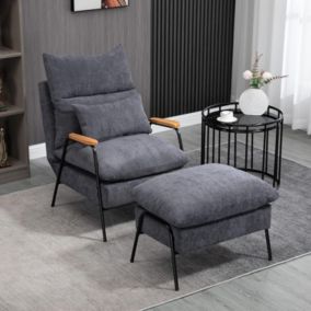 Fauteuil Relax Acier Noir/Velours Côtelé Gris avec Repose-Pied + Dossier inclinable + Accoudoirs