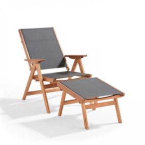 Fauteuil relax en bois d'eucalyptus avec repose-pieds gris  Oviala